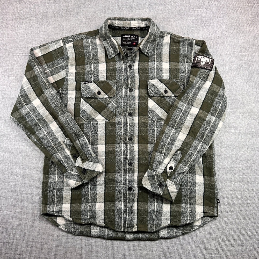 Howitzer Patriot Flannel Shirt Plaid Button Up Men Large Green Workwear USA MAGA
